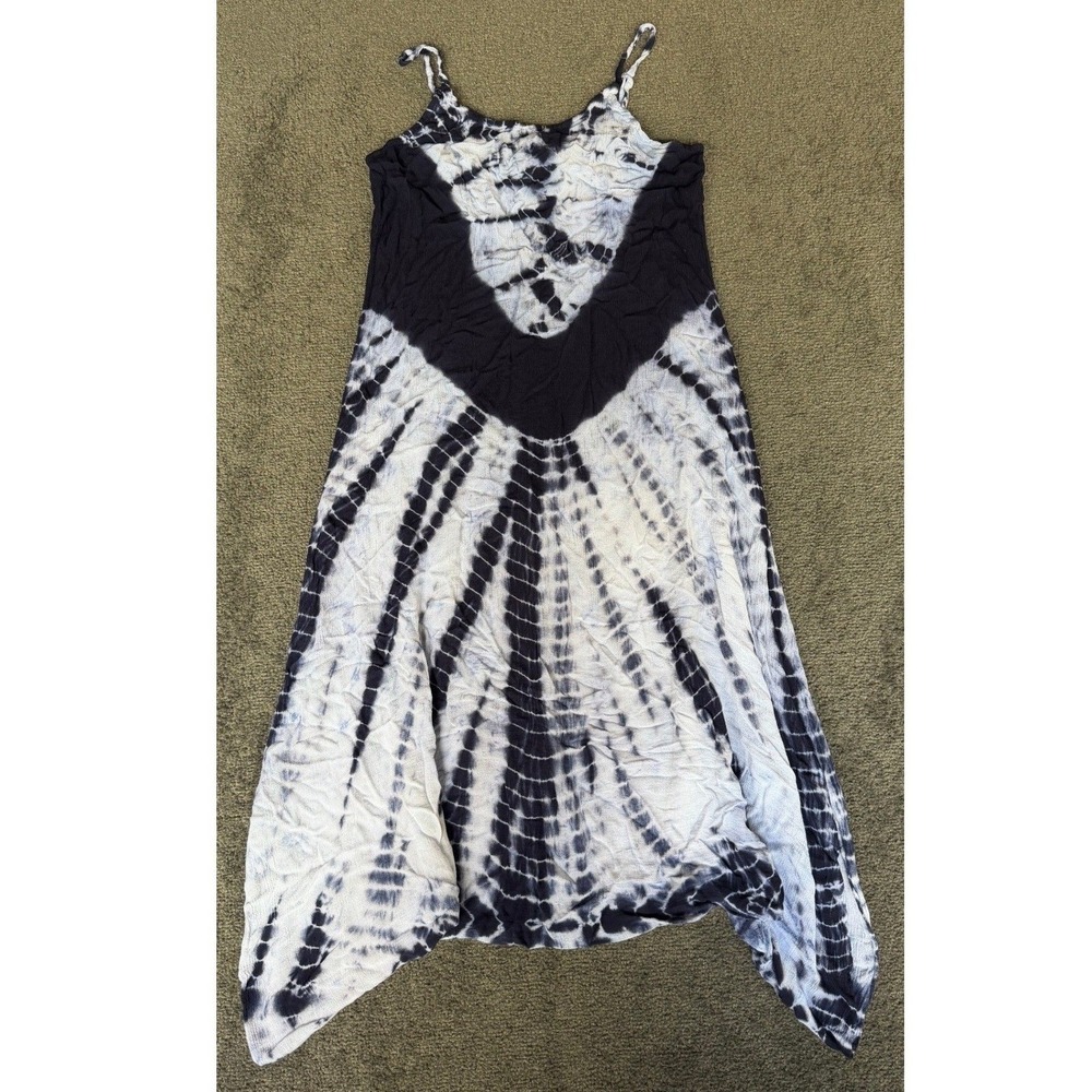Cute Options Womens Medium Tie Dye Handkerchief Hem Boho Rayon Maxi Dress Blue‎
